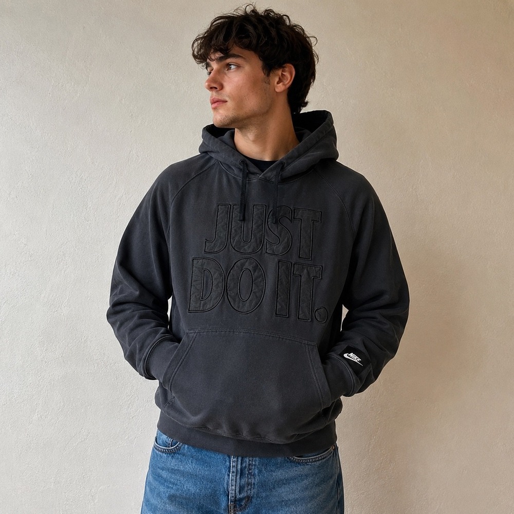 Nike Hoodie Mens Medium Black Just Do It Pullover Graphic Sweatshirt Sportswear